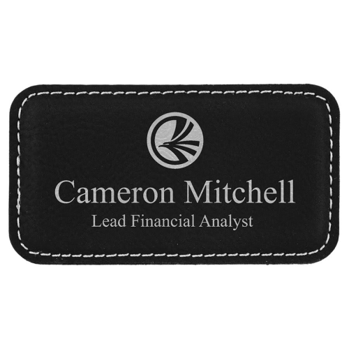 Black/Silver Laserable Leatherette Badge Blank with Magnet 3 1/4" x 1 3/4"